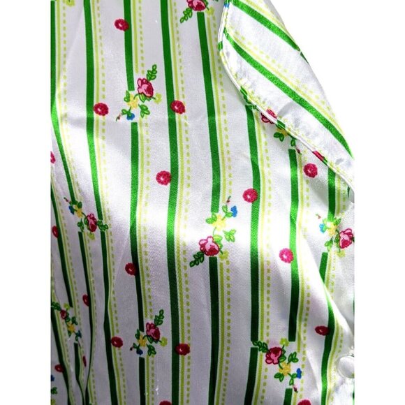 Womens Blouse Size XL Striped Sleeveless Floral Satiny Shiny Button Up Collared - Picture 5 of 6